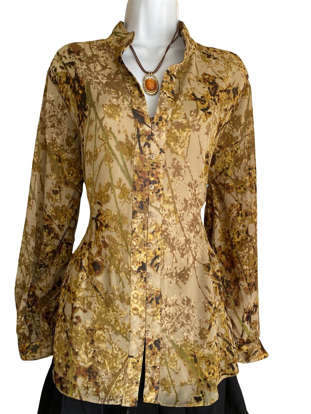 Vintage Coldwater Creek Plus 2X Beige Brown Abstract Print Button Up Tunic Blous